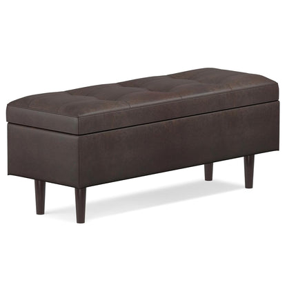 Shay 48 inch Wide Mid Century Modern Rectangular Storage Ottoman in Distressed Chestnut Brown Vegan Faux Leather, Assembled, For the Living Room, Entryway and Family Room