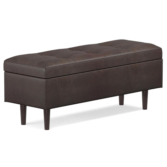 Shay 48 inch Wide Mid Century Modern Rectangular Storage Ottoman in Distressed Chestnut Brown Vegan Faux Leather, Assembled, For the Living Room, Entryway and Family Room
