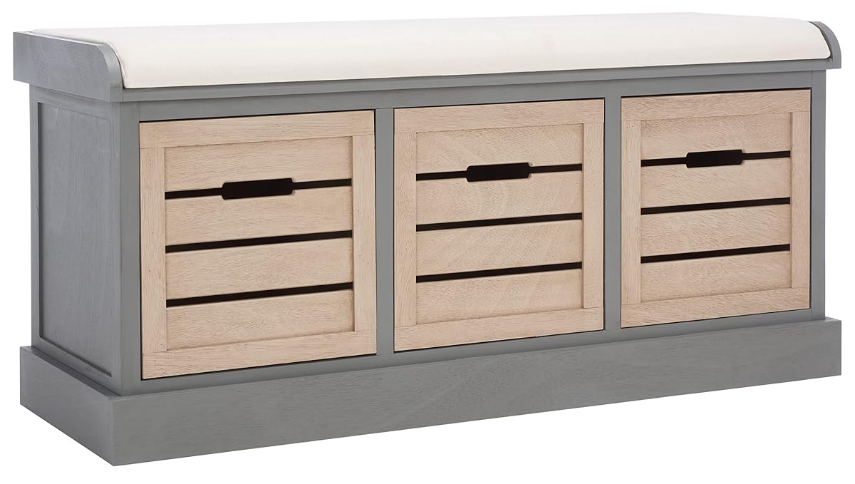 SAFAVIEH Home Collection – Briar 3-Drawer Upholstered Storage Bench, Farmhouse Entryway Accent Bench with Cushion Top, Distressed Grey Frame & Sand Drawer Fronts (BCH5700C)