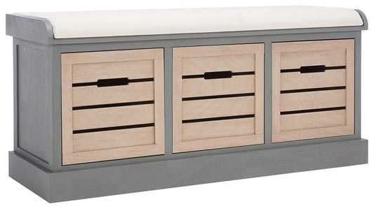 SAFAVIEH Home Collection – Briar 3-Drawer Upholstered Storage Bench, Farmhouse Entryway Accent Bench with Cushion Top, Distressed Grey Frame & Sand Drawer Fronts (BCH5700C)