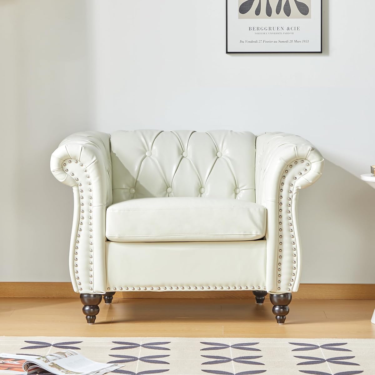 Chesterfield Chair, Modern Faux Leather Tufted Accent Sofa Couch Chair with Rolled Arms and Nailhead for Living Room, Bedroom, Office, Apartment (White)