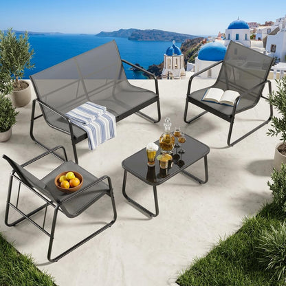 4 Piece Patio Furniture Set, Outdoor Conversation Set, with Glass Coffee Table, Loveseat, 2 Single Chairs, All Weather Textile Fabric, for Backyard, Balcony, Lawn, Garden, Poolside, Grey