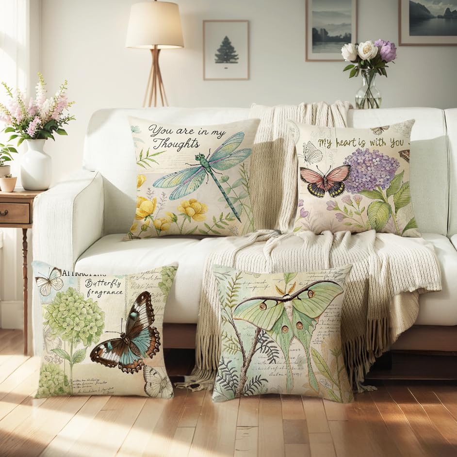 Throw Pillow Covers 16x16 Set of 4 Spring Summer Pillow Covers Linen Flower Butterfly Farmhouse Pillowcases for Sofa Couch Living Room Outdoor