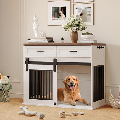 44.5'' Dog Crate Furniture with Sliding Barn Door and Storage Drawer