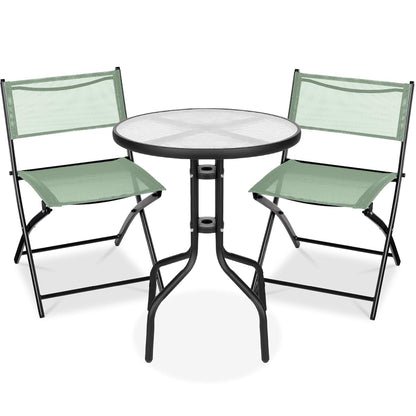 Best Choice Products 3-Piece Patio Bistro Dining Furniture Set w/Textured Glass Tabletop, 2 Steel Folding Chairs, Polyester Fabric - Sage