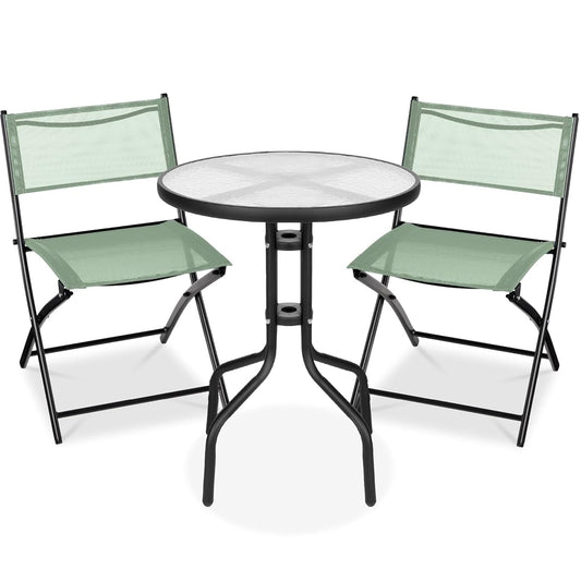 3-Piece Patio Bistro Dining Furniture Set w/Textured Glass Tabletop, 2 Steel Folding Chairs, Polyester Fabric - Sage