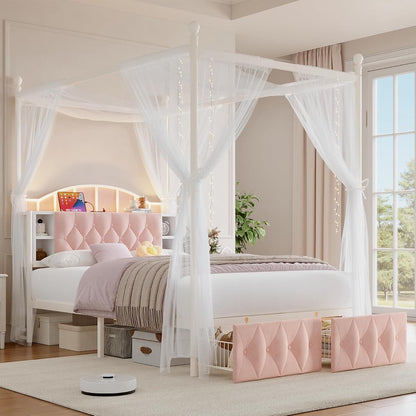 Queen Size Upholstered LED Canopy Bed Frame with 2 Drawers and & Charging