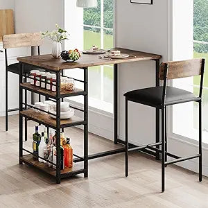 GAOMON Rustic Brown 3-Piece Counter Height Bar Kitchen Table Set with 3 Storage Shelves for Small Spaces, Apartment, Dining Table and 2 Upholstered Bar Height Chairs