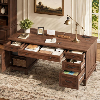 60" Farmhouse Executive Desk with File Drawers, Rustic Brown
