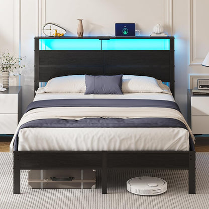 Queen Size Bed Frame with LED Lights and Charging Station Headboard