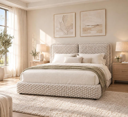 Queen Bed Frame, Upholstered Bed Frame with Headboard, Cream