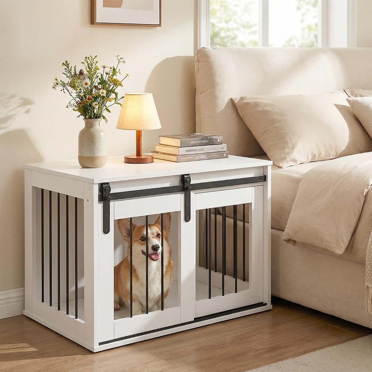 Farmhouse Wooden Dog Crate Furniture with Sliding Barn Door
