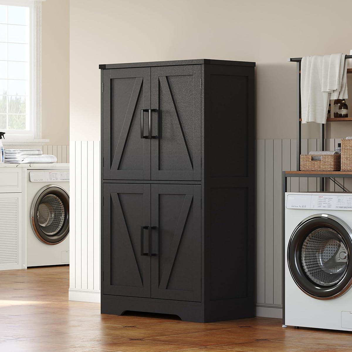 Bathroom Floor Cabinet, Farmhouse Bathroom Storage Cabinet with Doors and Adjustable Shelves, Freestanding Kitchen Pantry Cabinet, Cupboard for Living Room, Dining Room, Black