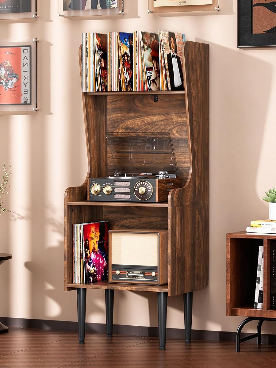 Record Player Stand with Storage, Tall Vinyl Record Storage Cabinet