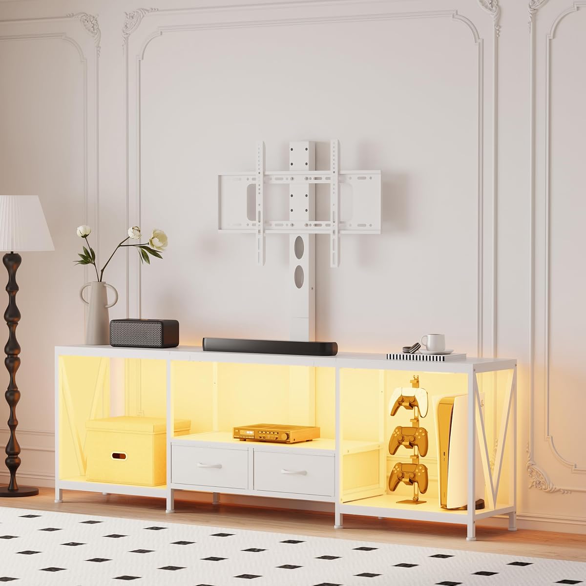 63" W TV Stand with Mount,LED & Charging Station for 55,65,75" TV
