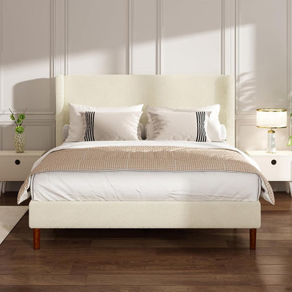 Queen Bed Frame, Boucle Upholstered Platform Bed with Wingback Headboard