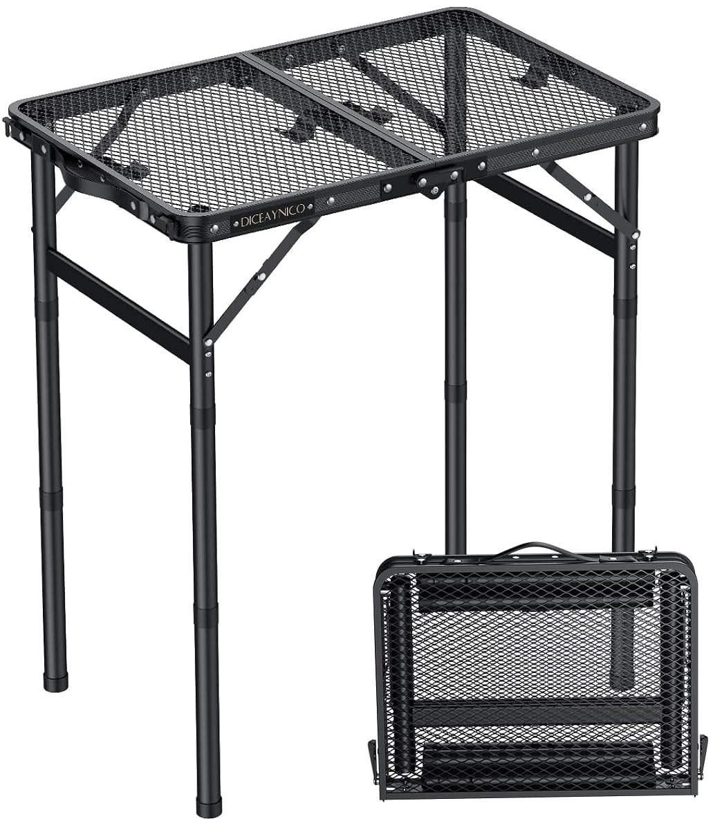 Folding Camping Table, 22" x 15" Picnic Table with 3 Adjustable Height Max 27.5", Matte Black Aluminum Folding Table with Handle for Party, Dining, Garden, Patio, Market (2-Fold Mesh Tabletop)