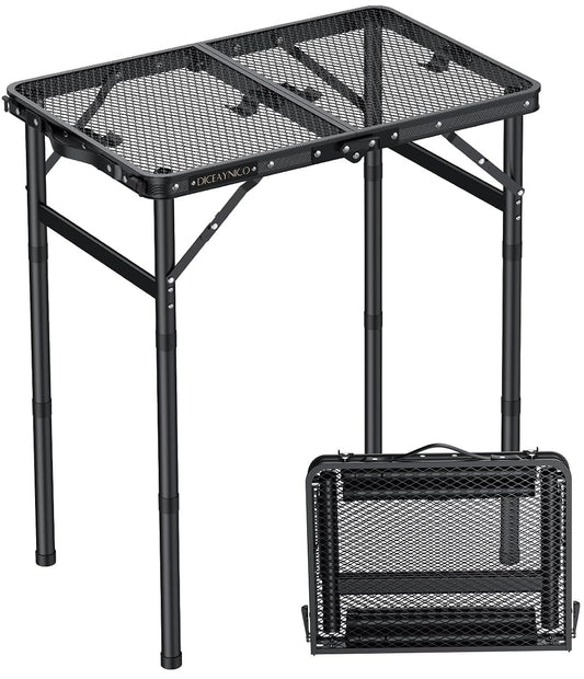 Folding Camping Table, 22" x 15" Picnic Table with 3 Adjustable Height Max 27.5", Matte Black Aluminum Folding Table with Handle for Party, Dining, Garden, Patio, Market (2-Fold Mesh Tabletop)