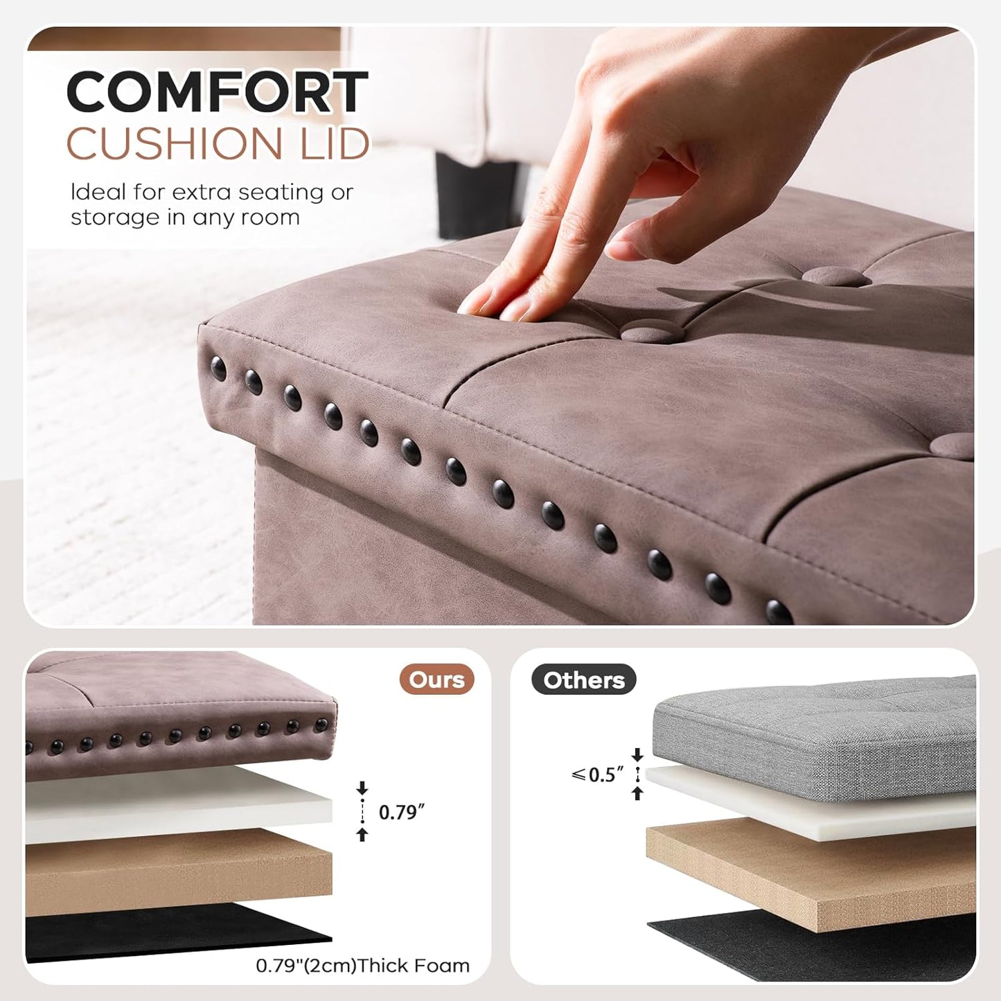 16 Inches Folding Cube Storage Ottoman, Small Leather Foot Rest Stool with Button Tufted Rivet Design, Footstool Bench, Ottoman with Storage for Living Room, Coffee Table 242 Lbs, Oak Brown