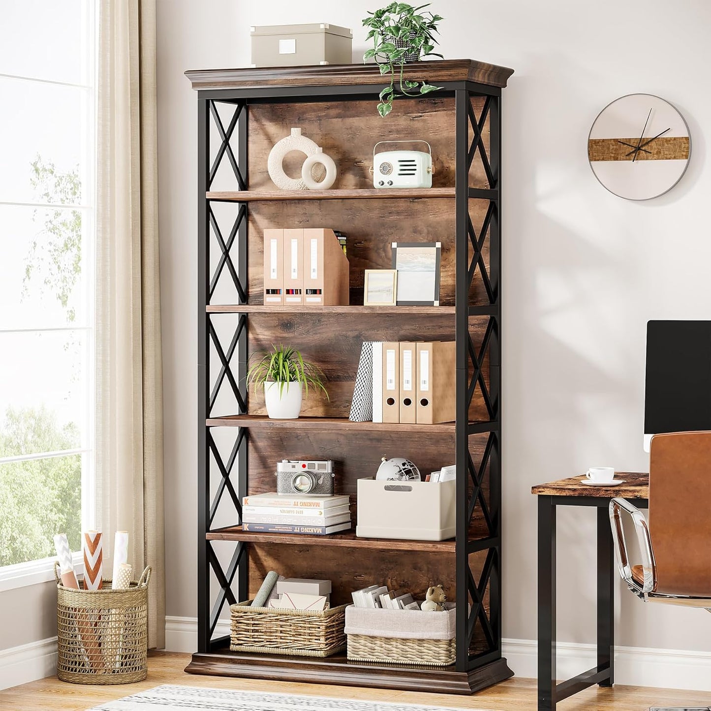 6-Tier Bookcase, 71 Inches Industrial Bookshelves and Bookcases, Floor Standing 5 Shelf Display Storage Shelves Tall Bookcase for Home Office, Living Room, Bed Room, Brown and Black