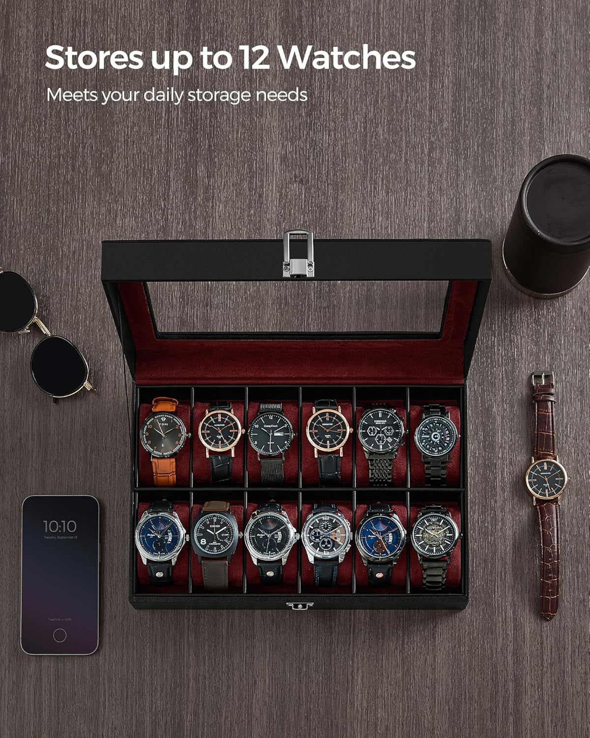 Watch Box, 12-Slot Watch Case with Large Glass Lid, Removable Watch Pillows, Watch Box Organizer, Gift for Loved Ones, Black Synthetic Leather, Wine Red Lining UJWB120R01
