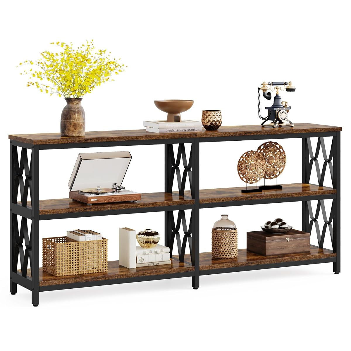 Console Table with Storage Shelves, 70.9" Industrial 3-Tier Sofa Table for Living Room, Long Foyer Table Entryway Table for Hallway, Front Door, Entrance, Rustic Brown & Black