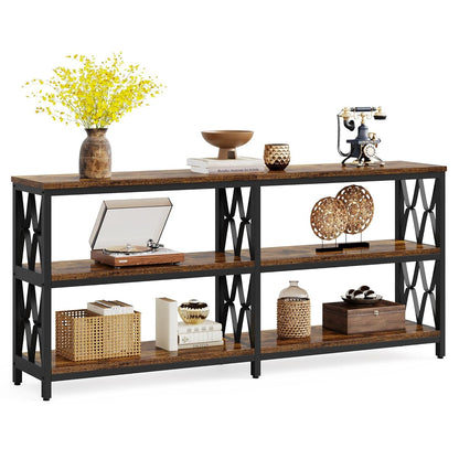 Console Table with Storage Shelves, 70.9" Industrial 3-Tier Sofa Table for Living Room, Long Foyer Table Entryway Table for Hallway, Front Door, Entrance, Rustic Brown & Black