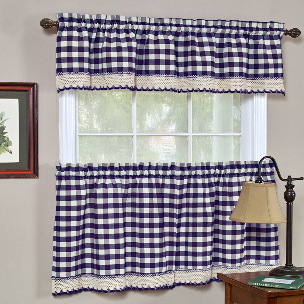3-Piece Navy Kitchen Tier & Valance Set, 29W x 36L Inches, Checkered Plaid Gingham Design, Farmhouse Tier Panels, Buffalo Cafe Curtain with Swag and Tier Pair Set