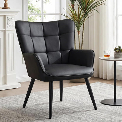 PU Leather Armchair, Modern Mid Century Accent Chair with Backrest & Metal Legs, Comfy Upholstered Barrel Chair for Living Room Bedroom Home Office Vanity Room, Black
