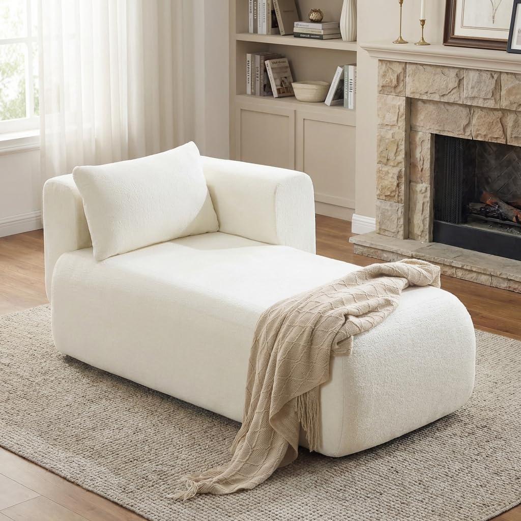 Upholstered Chaise Lounge Indoor, Boucle Comfy Fluffy Lounge Sofa
