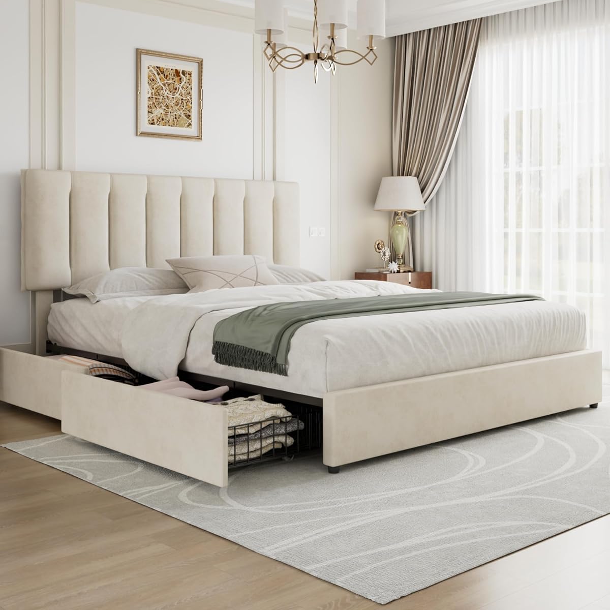 King Size Bed Frame with 4 Storage Drawers, Adjustable Height Headboard