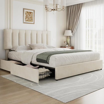 King Size Bed Frame with 4 Storage Drawers, Adjustable Height Headboard