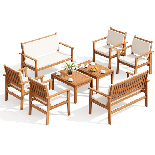 Eight-piece acacia wood patio table and chairs set with cushions