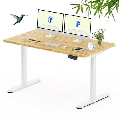 FLEXISPOT Solid Bamboo Standing Desk, 55" x 28" Real Bamboo Desktop with Natural Grain, Durable & Sustainable Workstation for Home Office and Multi-Monitor Setups (White Oval Legs)