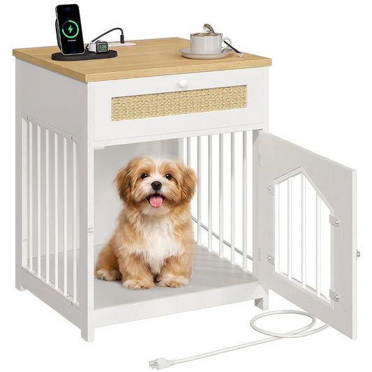 Dog Crate Furniture with Charging Station, Wooden Dog House with Storage Drawer