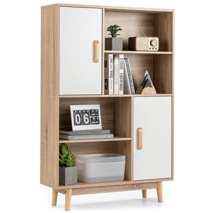 Storage Cabinet with Legs, Floor Cabinet with Doors, Shelves, Anti-Tipping Device, 4-Tier Bookshelf for Books & Photos, Tall Cupboard in Living Room, Kitchen Buffet Sideboard