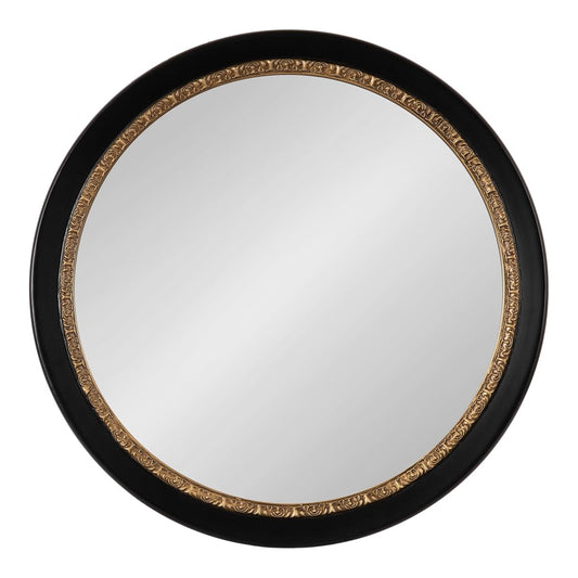 Wildomar Decorative Ornate Round Mirror, 26 Inch Diameter, Black, Traditional Ornate Circle Mirror with Carved Detail Design for Bathroom Mirror for Over Sink
