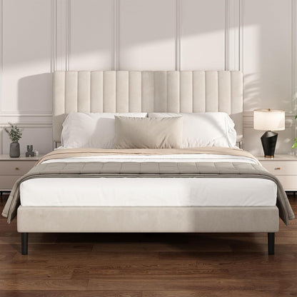 Queen Velvet Bed Frame with Vertical Channel Tufted Headboard Beige