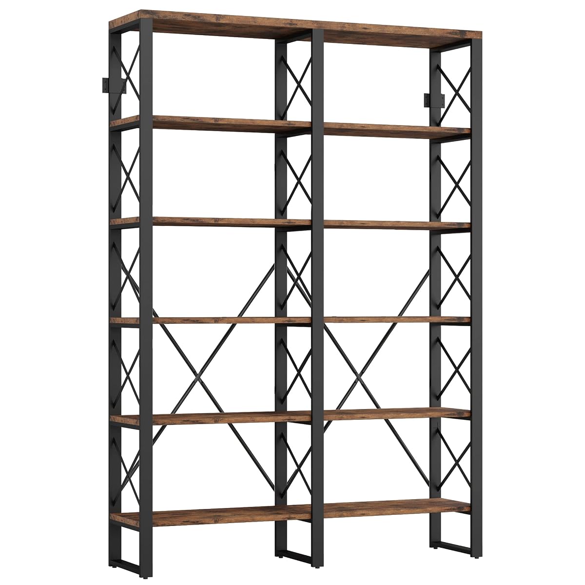 Bookshelf Double Wide 6-Tier 76" H, Open Large Bookcase, Industrial Style Shelves, Wood and Metal Bookshelves for Home Office, Easy Assembly
