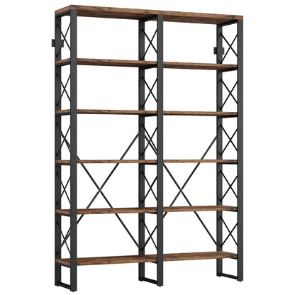 Bookshelf Double Wide 6-Tier 76" H, Open Large Bookcase, Industrial Style Shelves, Wood and Metal Bookshelves for Home Office, Easy Assembly