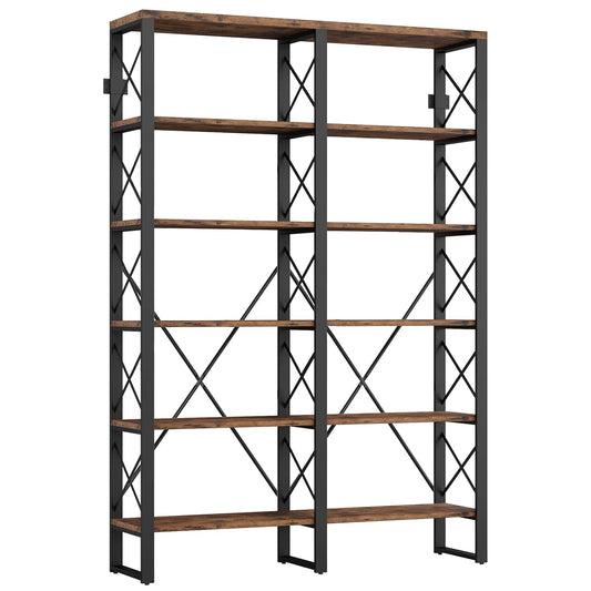 Bookshelf Double Wide 6-Tier 76" H, Open Large Bookcase, Industrial Style Shelves, Wood and Metal Bookshelves for Home Office, Easy Assembly