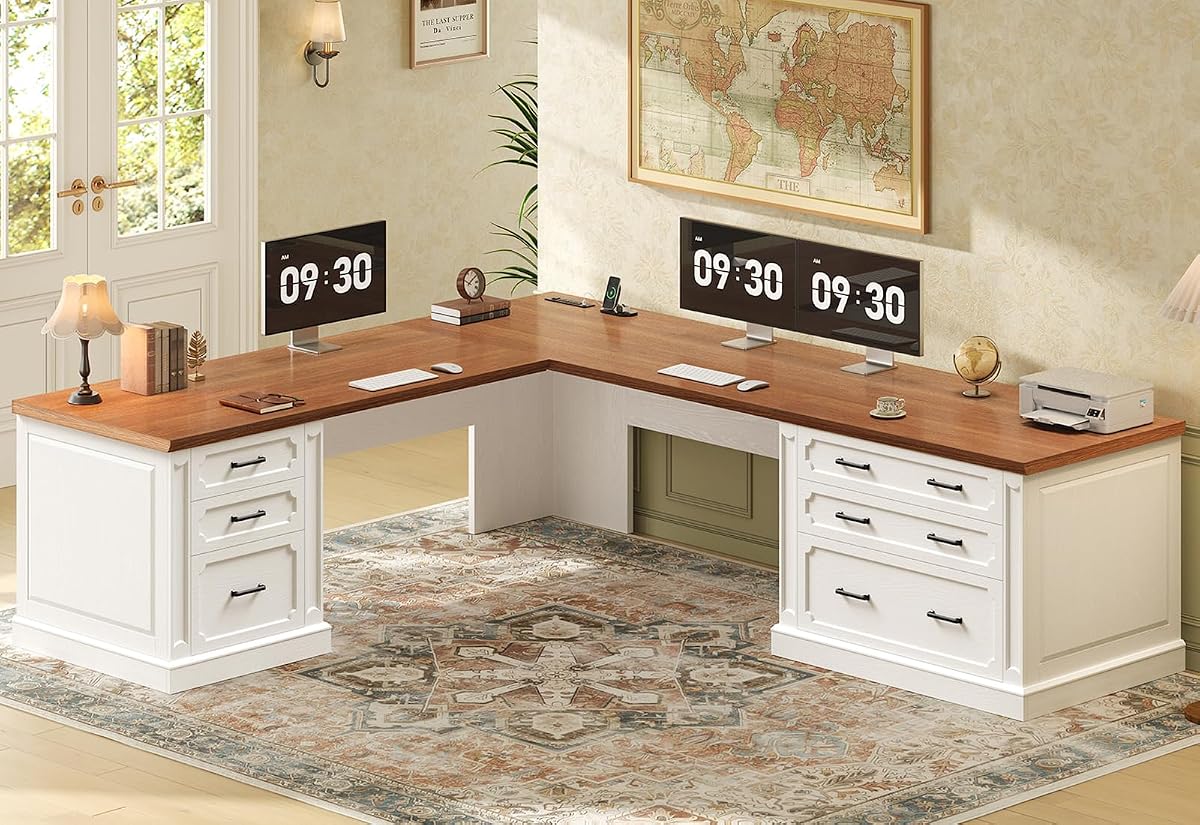 Farmhouse 78.8" L Shaped Desk with 6 Drawers, Home Office Desk with Power Outlet