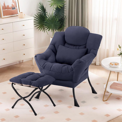Lazy Chair with Ottoman, Modern Lounge Chair with Lumbar Pillow, Accent Cozy Reading Armchair and Folding Footstool for Bedroom, Dorm, Living Room,Navy