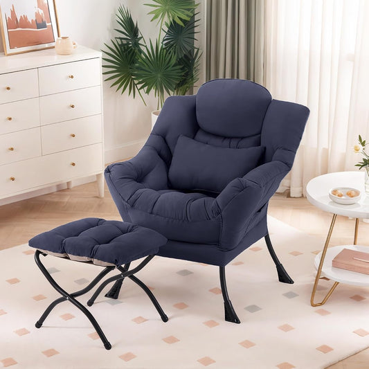 Lazy Chair with Ottoman, Modern Lounge Chair with Lumbar Pillow, Accent Cozy Reading Armchair and Folding Footstool for Bedroom, Dorm, Living Room,Navy