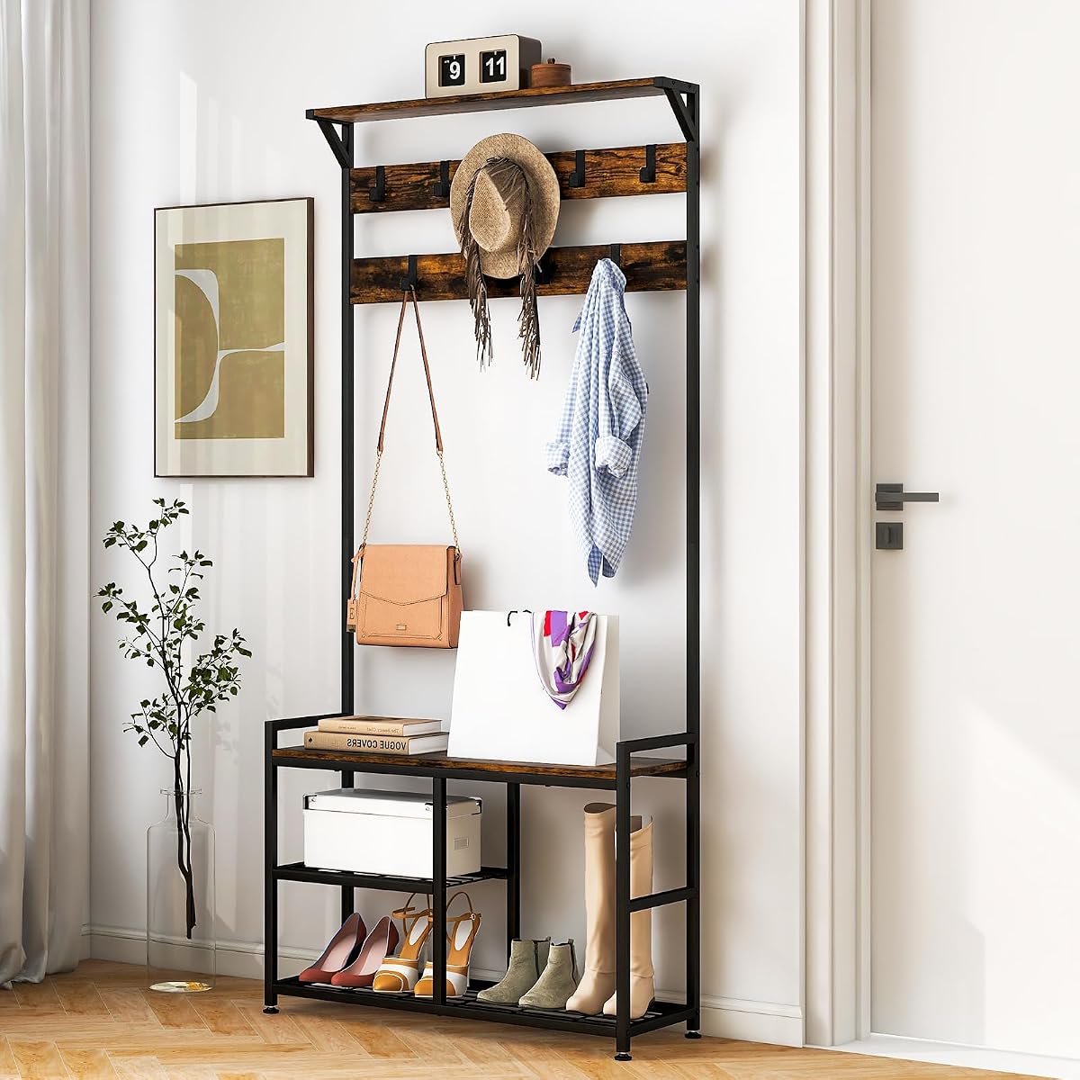 Coat Rack Shoe Bench, 3-in-1 Industrial Hall Tree w/Storage Bench & 9 Hanging Hooks, 3-Tier Wood Look Entryway Bench w/Metal Frame, Adjustable Foot Pads for Dorm, Apartment, Hall, Brown