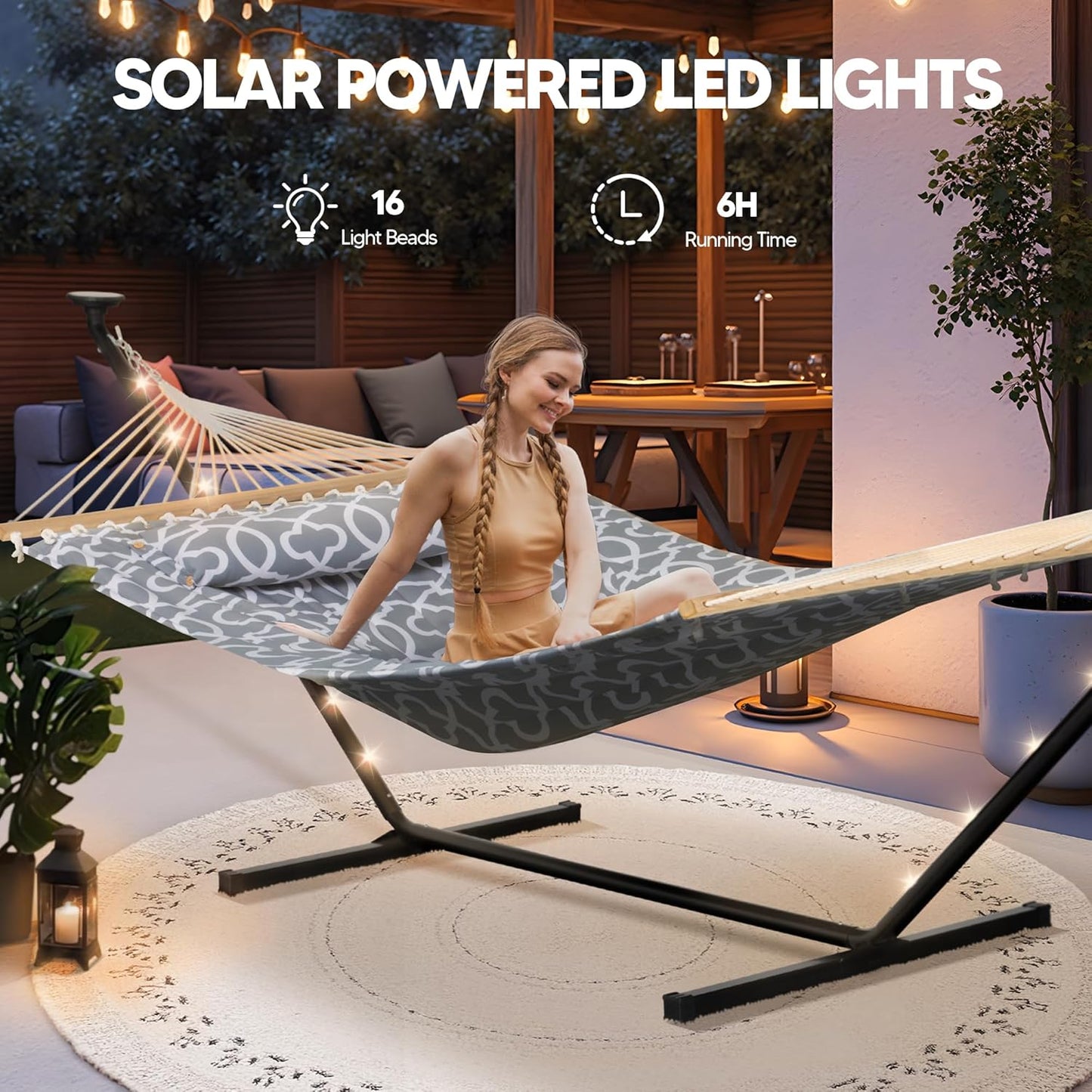 Hammocks Outdoor 2 Person Hammock with Solar Powered Lights, Double Hammock with 12 Ft Stand Included, Light Gray