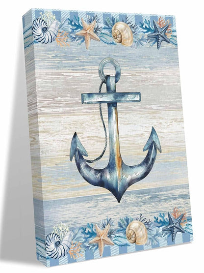NuYeBiofx Nautical Anchor Starfish Shell Conch Canvas Wall Art Prints,48"x32" Framed Picture Artwork Ocean Blue Checkered Printed Canvas Oil Painting for Living Room Bedroom Office,Ready to Hang