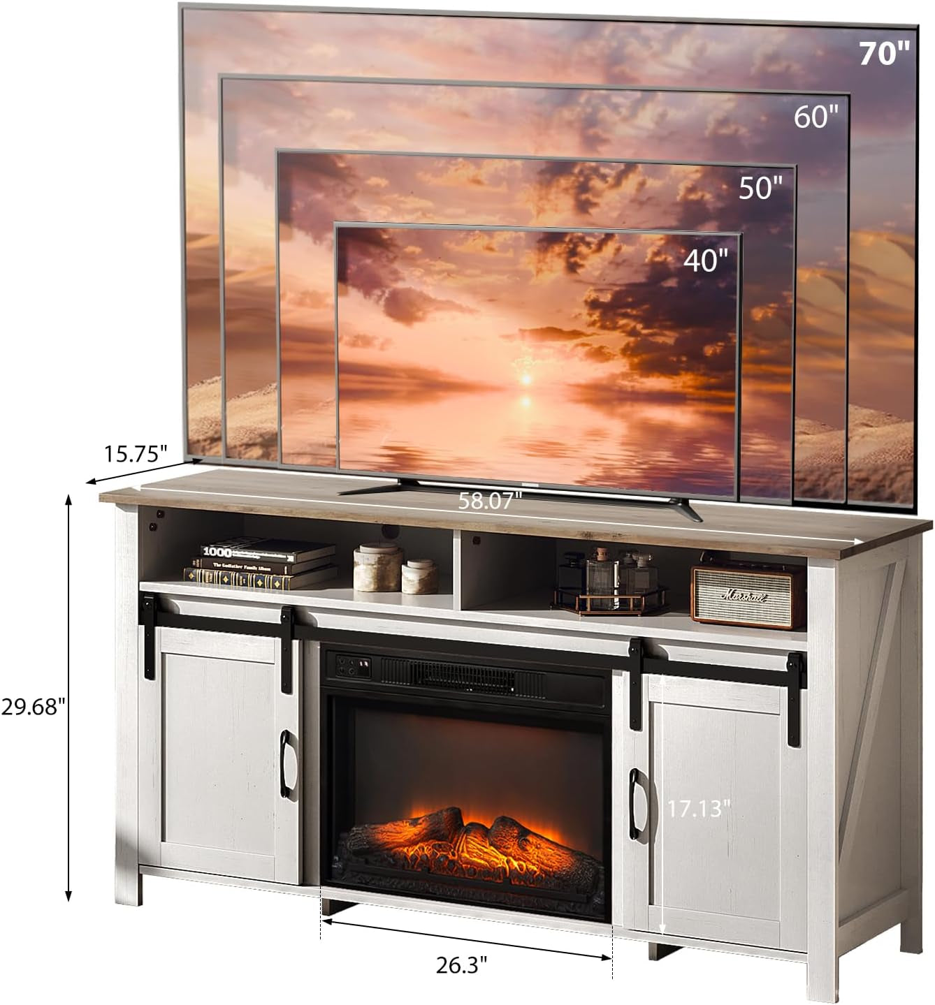 Fireplace TV Stand with Sliding Barn Door for 70 Inch TV, Farmhouse Entertainment Center ＆ 23" Fireplace, Media Console Table with Storage Cabinets for Living Room, Distressed White & Barnwood