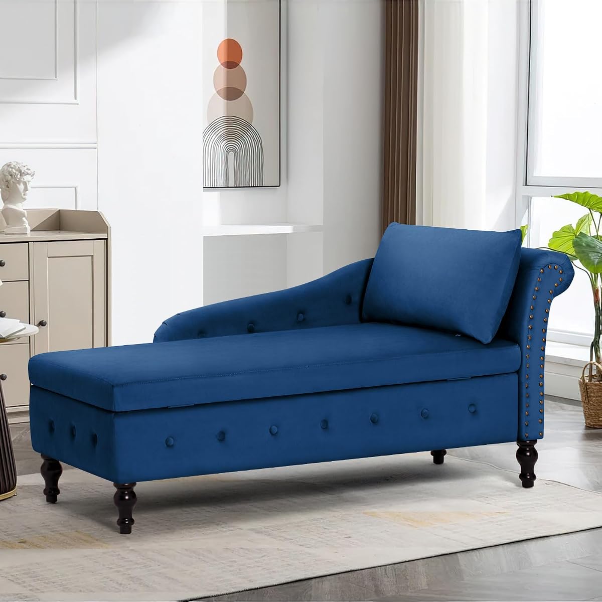 Velvet Chaise Lounge w/Right Armrest & Storage Space, Blue