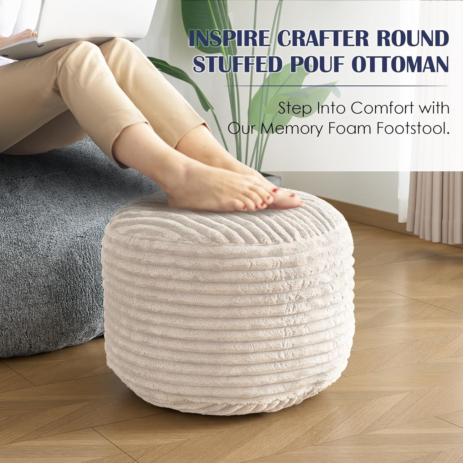 Round Pouf Ottoman,Corduroy Poufs with Memory Foam Filling for Foot Rest,Soft Footstool for Living Room,Office,20"X 17",Beige